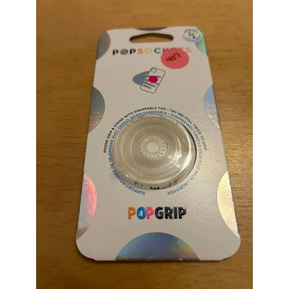 #407 New Popsockets Swappable Top Phone Grip & Stand Clear with Silver Glitter